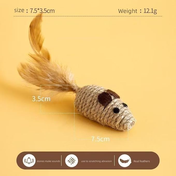 3 Pack Cat Mice Toys with Feather Tail Rattling Noise Sound Natural Sisal Cat Balls Toys Teeth Cleaning Dental Chew Toys Interactive Cat Mice Toy Mice Cat Toys for Indoor Cats