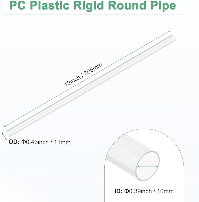 M METERXITY 1-Pack Clear Plastic Tube, 10mm[0.39"] ID x 11mm[0.43"] OD High Impact Rigid Polycarbonate Round Pipes for Water Plumbing/Lighting/Aquariums/Models, Plastic Tubing [305mm/12IN]
