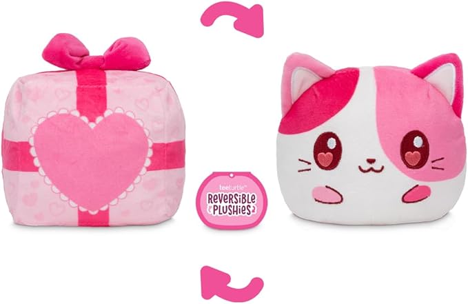 TeeTurtle Cat Valentine's Day Present Reversible Plushie - 4-Inch Two-Sided Flip Plush Toy with Embroidered Details - Cute Mini Collectible Plush for Kids, Teens, and Adults