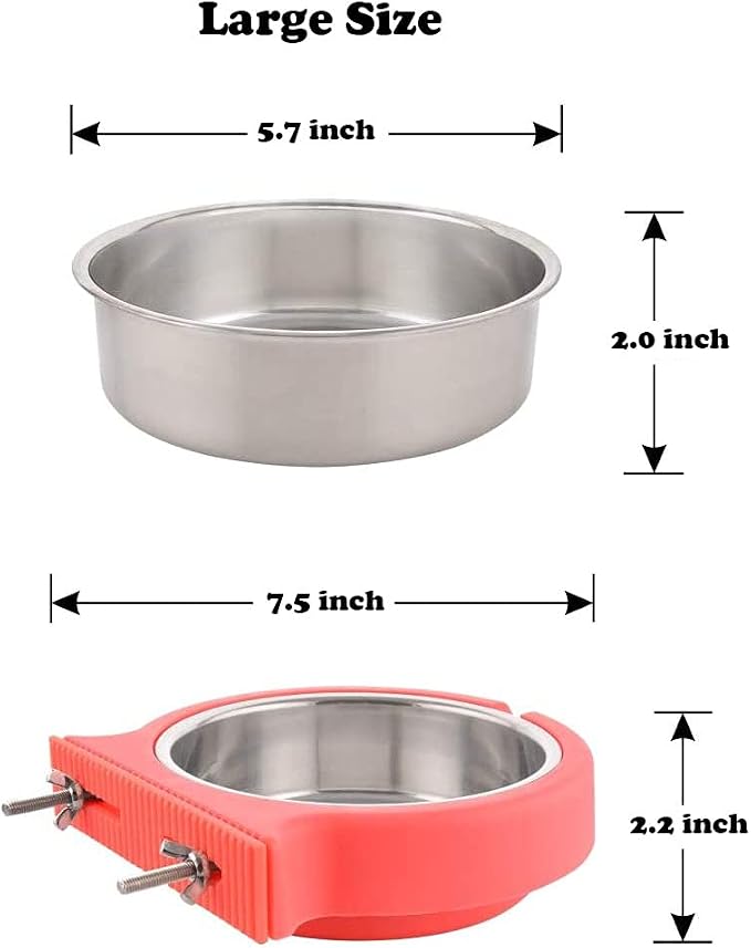 Crate Dog Cat Bowls, Removable Stainless Steel Hanging Pet Cage Bowls for Kennel, Crate Food Water Feeder Bowls with Bolt Holder for Cat, Puppy, Rabbite Birds and Other Small Animals (Large, Pink)