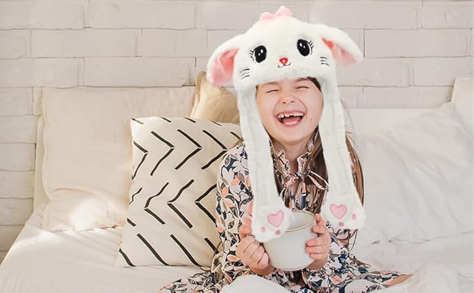Bubblepompom Animal Hat with Ears Moving Jumping Pop Up Beating Hat Plush Holiday Cosplay Dress Up Funny Gift for Kids