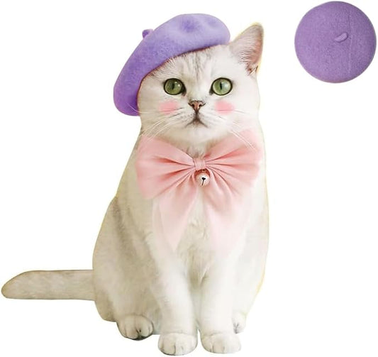 Dog Beret Hats for Cats and Dogs Fashion Four Seasons Funny Wool Winter Pet Hat Light Purple 5.11 * 1.18 Inches