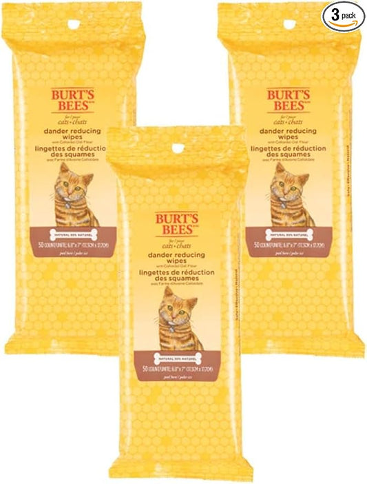 Burt's Bees for Pets Cat Dander Remover Wipes, Colloidal Oat Flour and Aloe to Soothe Dry Skin and Reduce Flaking, Unscented Grooming Cloths for Cats and Kittens, 50 Count - 3 Pack
