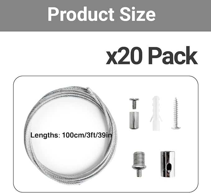 20 Pack 3.3ft Hexagon Garage Lights Suspension Cables Kit for Hexagon LED Lights Adjustable Steel Hanging Chains Per Strip Load 6.6Ib, Light Suspension Kit for LED Panel Aquarium Lights (1m 20pcs)