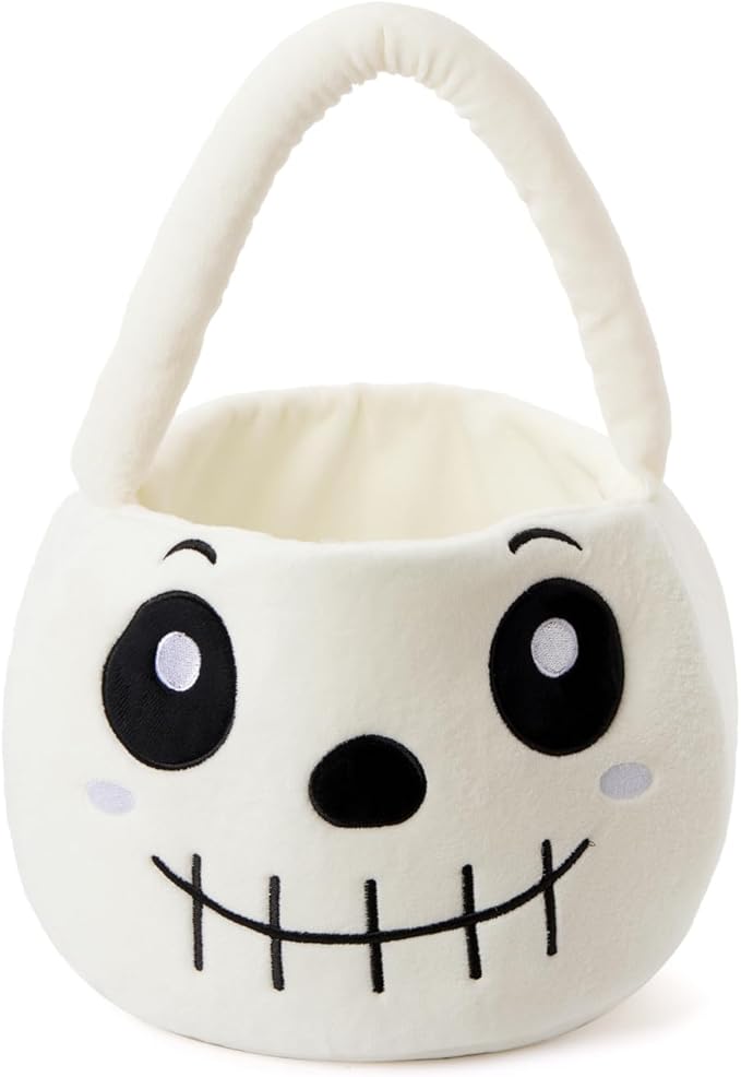 Halloween Plush Treat Basket, Halloween Candy Basket, Trick-or-Treat Bag(White Skull)