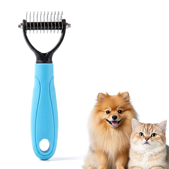 Pet Pro Grooming Tool, 2026 New Double-Sided Pet Grooming Brush, Multi-Functional Pet Brush, Portable Shedding Rake for Home Use, Professional Groomers (Blue, Medium)