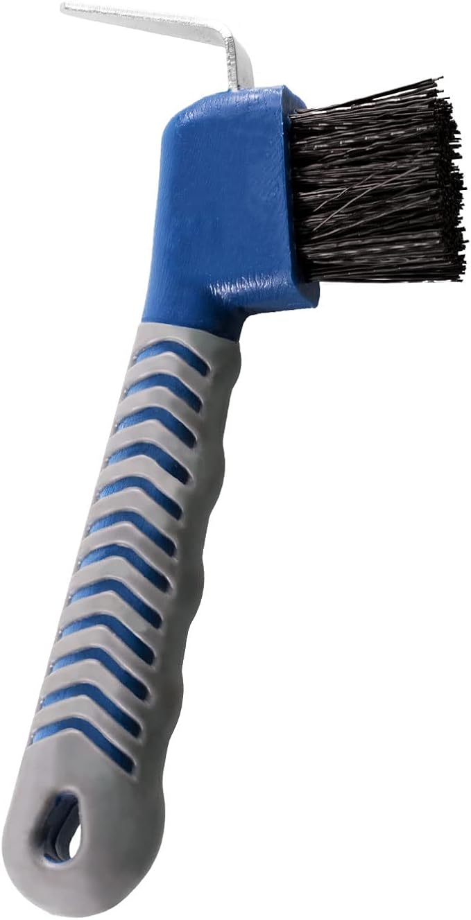 Harrison Howard Horse Hoof Pick Brush with Comfortable Firm Rubber Handle Fine Brush Sturdy Metal Pick