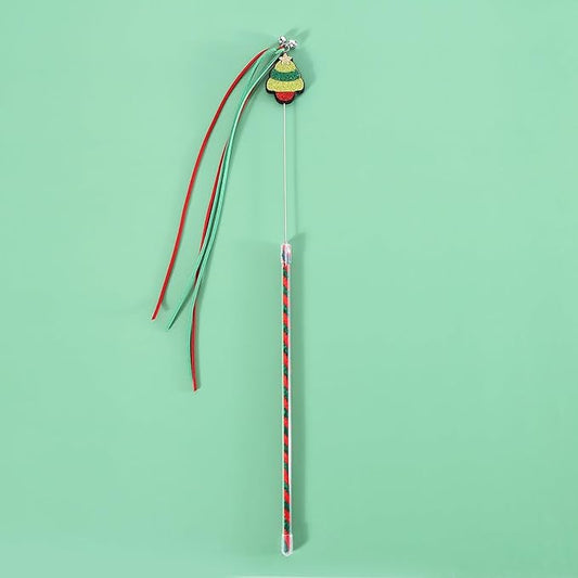 Christmas Cat Toy Wand with Bells and Ribbons – Interactive Cat Teaser Wand for Indoor Cats and Kittens, Durable Wire Cat Toy for Holiday Play and Exercise