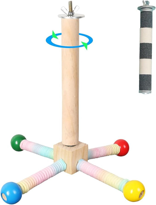 2 PCS Bird Stand Perch Toys for Parakeets,360°Wooden Parrot Perch for Bird Cages, Interactive Spinning Toy to Expend Energy