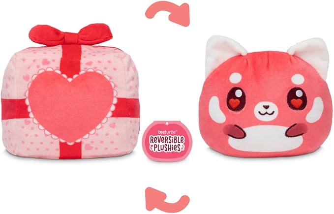 TeeTurtle Reversible Red Panda Valentine's Day Present Plushie - 4-Inch Two-Sided Flip Plush Toy with Embroidered Details - Cute Mini Collectible Plush for Kids, Teens, and Adults