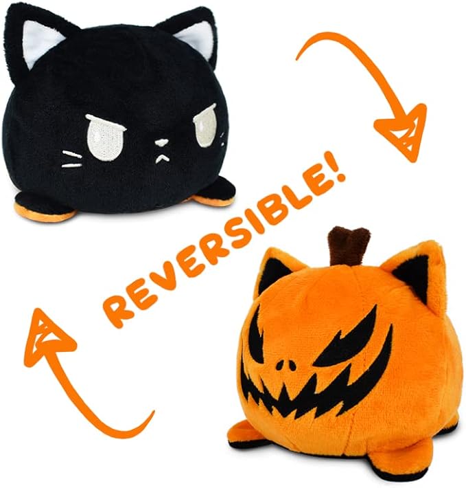 TeeTurtle Reversible Cat Plushie 4-Inch Black + Pumpkin Two-Sided Flip Plush Toy with Embroidered Details - Cute Mini Collectible Plush for Kids, Teens, and Adults
