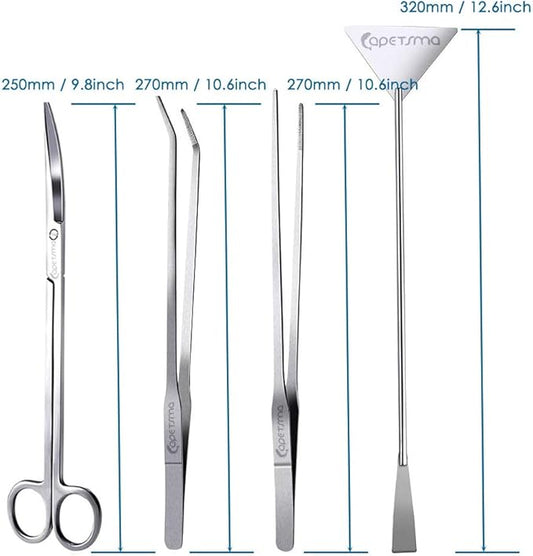 Capetsma Aquascape Long Stainless Steel Plant Tools Set - Aquarium Tweezers, Scissors, Spatula, Algae Scrapers - Fish Tank Cleaning Kit