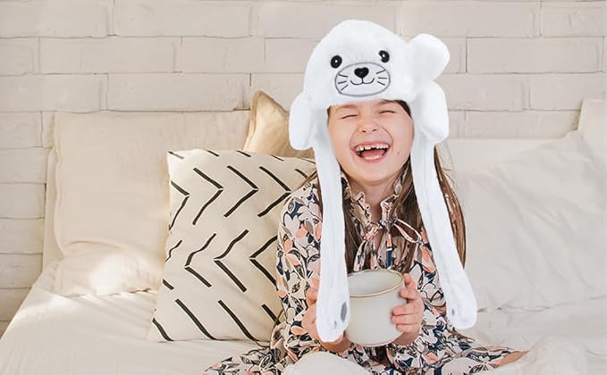 Bubblepompom Animal Hat with Ears Moving Jumping Pop Up Beating Hat Plush Holiday Cosplay Dress Up Funny Gift for Kids