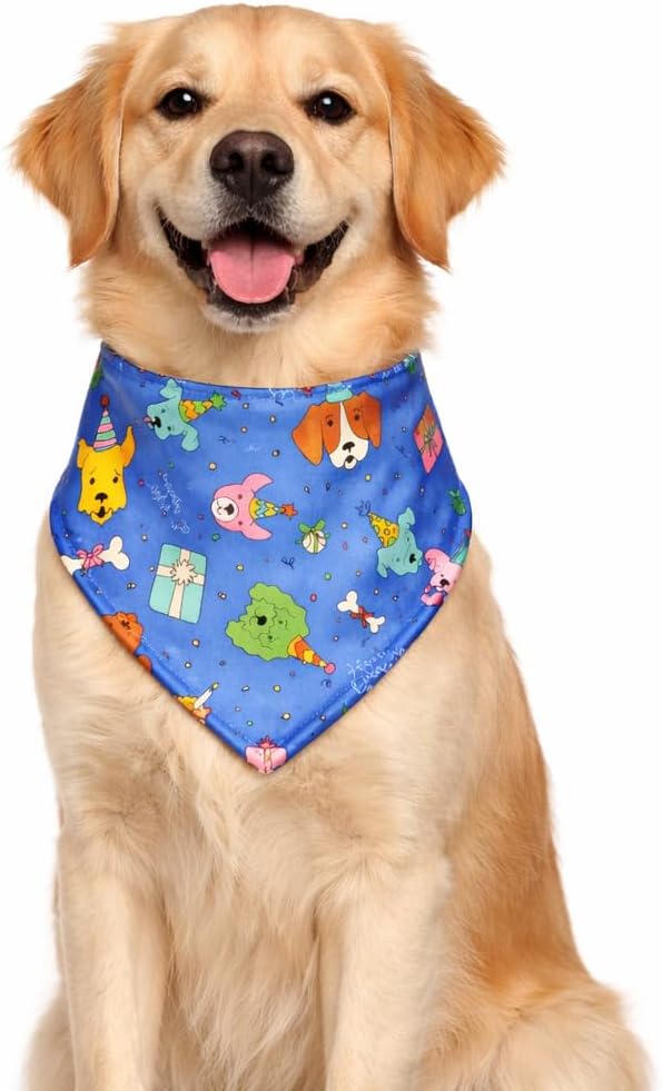 Luxury Satin Dog Bandana – Slip-On Collar Style, Premium Pet Scarf for Medium, Large & XL Dogs – Special Occasion Accessory (Collar Not Included) (Medium - Extra Large, Bday (Blue))