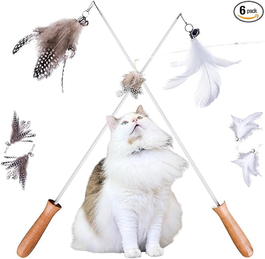 Cat Wand Toy Set – 2 Feather Teaser Wands with 4 Interchangeable Refills, 27" Flexible Wire & Wooden Handle, Interactive Play for Indoor Cats and Kittens