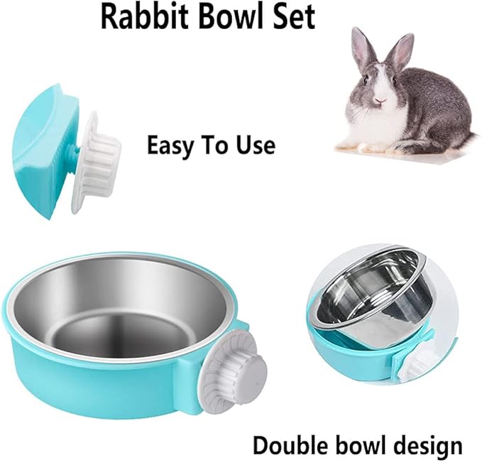 Rabbit Bowls Set, Big Pet Bunny Food Bowls Small Animals Cage Bowl and Stainless Steel Hanging Water Food Feeder Bowls for Big Bunny Food Dish (2 PCS)