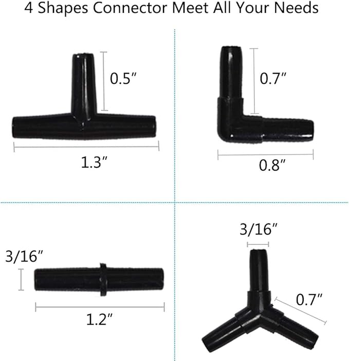 JIH Aquarium 165 Feet Standard 3/16" Black Flexible Airline Tubing with Black Plastic Connectors for Fish Tank,Terrariums, and Hydroponics