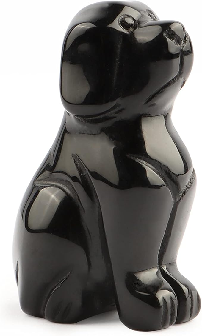 Artistone 2" Black Obsidian Dog Crystal Animals Figurine Carved Gemstone Puppy Dog Statue Sculpture Craft Home Decorations