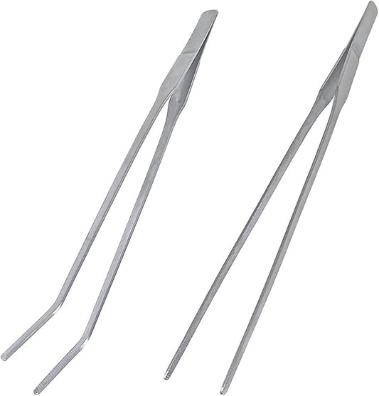 2 Pcs Feeding Tongs, Aquarium Tweezers Stainless Steel Straight and Curved Tweezers Set 27cm/10.6 inches Aquascaping Tools for Hold Worms, Reptiles, Lizards, Bearded Dragon (Silver)