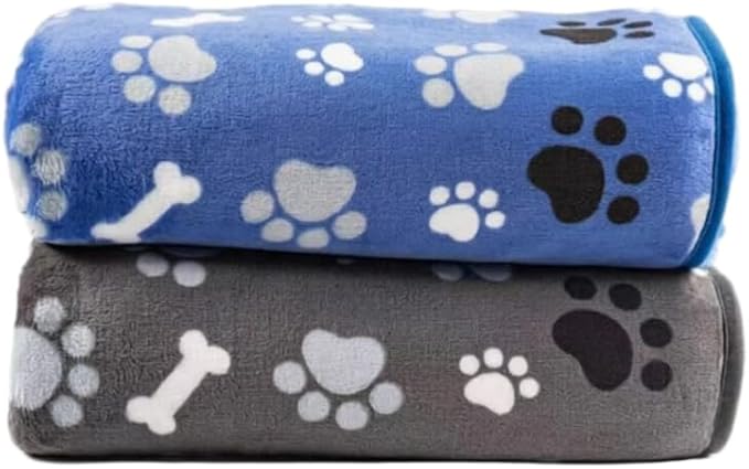Dog Blanket Paw Bone Pattern 1 Pack 2 Super Soft Warm Flannel Sofa Cover Car Bed Protector, Urine Proof Washable Outdoor Pet Blanket for Puppy Large Dogs & Cats,40"*30" Blue&Grey
