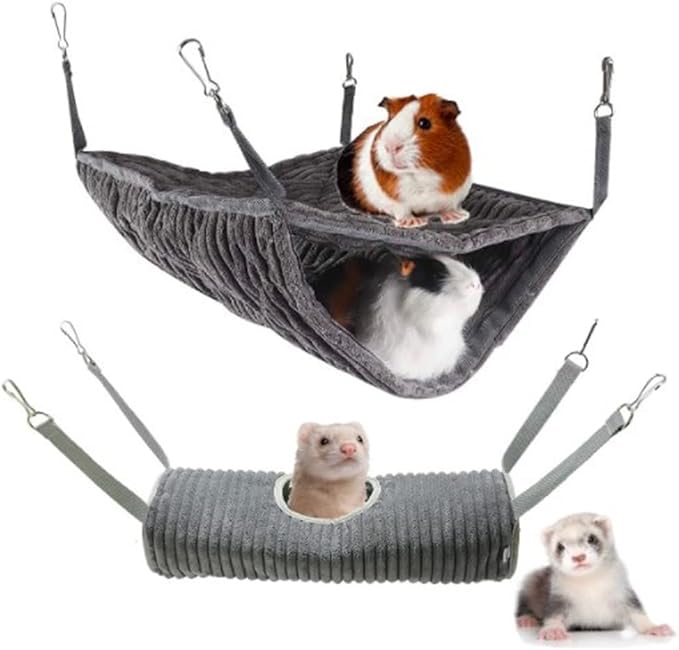 Large Ferret Hammock Hanging Tunnel Bed for Cage Hanging Plush Double Bunk Bed for Rats, Hamsters, Guinea Pigs, Chinchillas, Squirrels (Brown)
