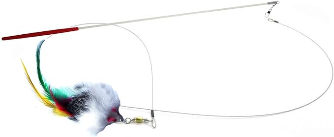 Kats'N Us 2 Inch Real Rabbit Fur Feather Tail Handmade Cat Toy with 19 Inch White Wand - Gray, Colorful Teaser with Bell, Durable Fiberglass Wand & Line, Interactive Exercise Attachment Set for Cats