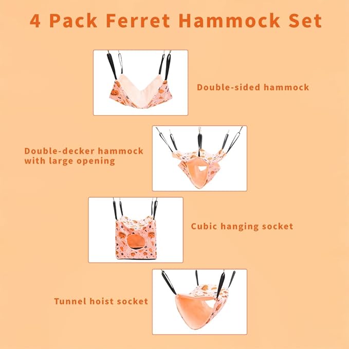 4 Pack Ferret Hammock, Soft Small Animal Washable Guinea Pig Hideout Bed Ferret Cage Accessories for Rat Sugar Glider Squirrel Guinea Pig Hedgehog Hamster (Orange-Yellow)