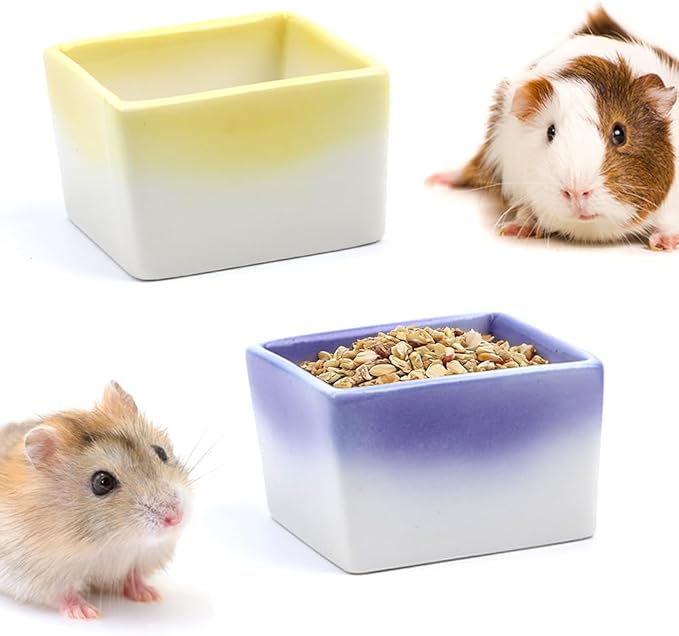 2 Pack Small Pet Ceramic Food Bowl and Water Dish Anti-Turning Cute Feeder for Hamster Guinea Pig Hedgehog Squirrel Rat (Purple and Yellow
