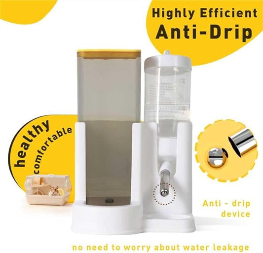 Hamster Water Bottle Standing Water Dispenser No Drip 2 in 1 Large Capacity Small Animal Automatic Food Bowl for Cage Accessories for Hamsters Gerbils Mice (Yellow, 5.91 in X 4.13 in X 4.33 in)