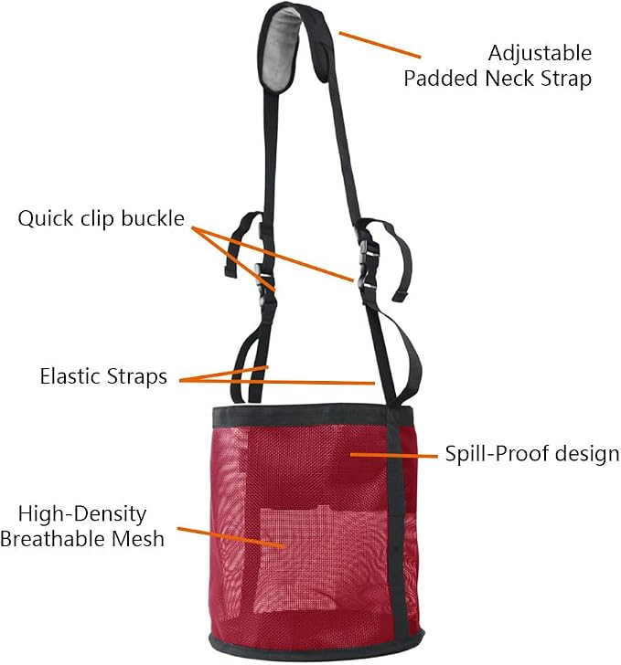 Horse Feed Bag,Heavy Duty Muzzle Feed Bag with Adjustable Strap,Comfort Neck Pad,Nose Pad and Double Waterproof Bottom Mesh Feed Bags for Horse Pack of 2 (Red+Blue)