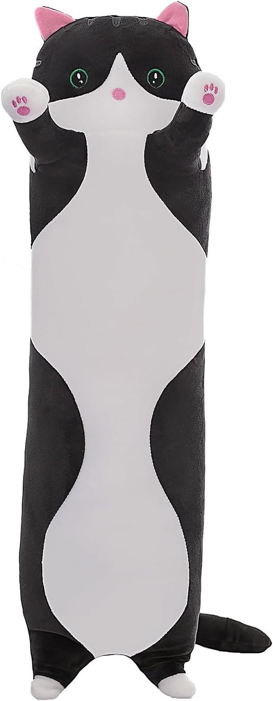 Cute Cat Plush Long Body Pillow – Soft Cartoon Stuffed Animal Doll, Kawaii Cat Plushie Cuddle Toy for Kids, Girls & Girlfriend (Black, 35.4 Inch)