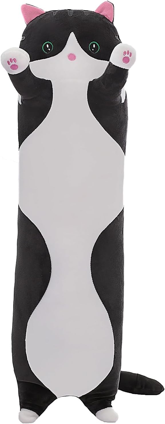Cute Cat Plush Long Body Pillow – Soft Cartoon Stuffed Animal Doll, Kawaii Cat Plushie Cuddle Toy for Kids, Girls & Girlfriend (Black, 43.3 Inch)