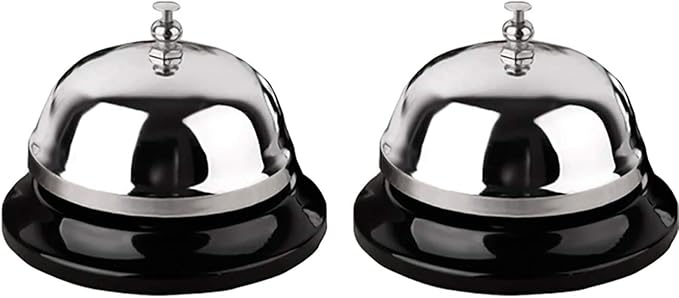 HeeYaa Call Bell 2 Packs 3.3 Inch Diameter with Metal Anti-Rust Construction, Desk Bell for Hotels, Schools, Restaurants, Reception Areas, Hospitals, Warehouses(Silver)