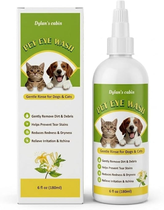 Dylan's cabin Dog Eye Cleaner Wash - Daily Tear Stain Care Eye Drops Clean Dirt Debris Tear Residue, pH-Balanced Formula with Glycerin, Honeysuckle Extract Lutein, 6 fl oz