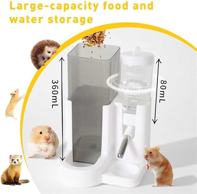 Hamster Water Bottle Standing Water Dispenser No Drip 2 in 1 Large Capacity Small Animal Automatic Food Bowl for Cage Accessories for Hamsters Gerbils Mice (Yellow, 5.91 in X 4.13 in X 4.33 in)