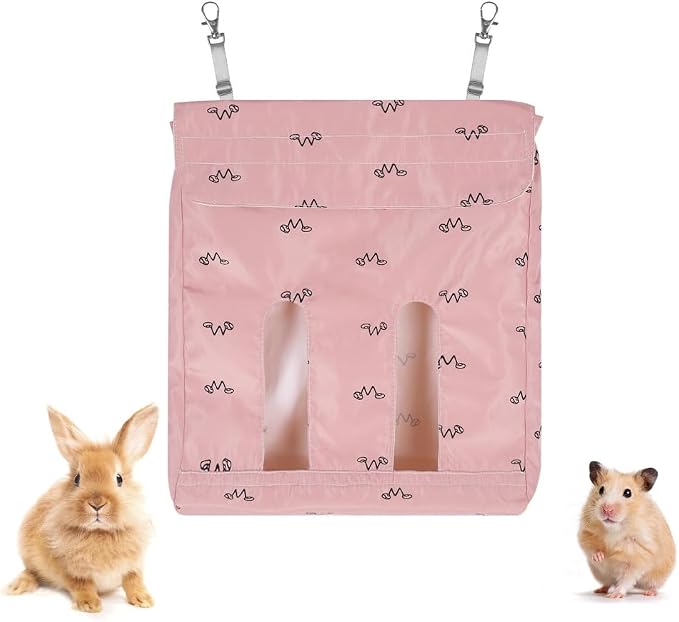 DONGKER Rabbit Hay Feeder Bag,Polyester Hay Feeding Storage Bag with 2 Hooks Foldable for Chinchilla Hamsters Rabbit Guinea Pig Small Animals