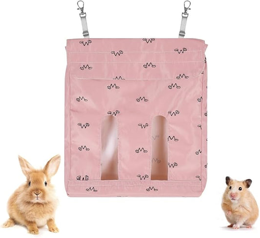 DONGKER Rabbit Hay Feeder Bag,Polyester Hay Feeding Storage Bag with 2 Hooks Foldable for Chinchilla Hamsters Rabbit Guinea Pig Small Animals