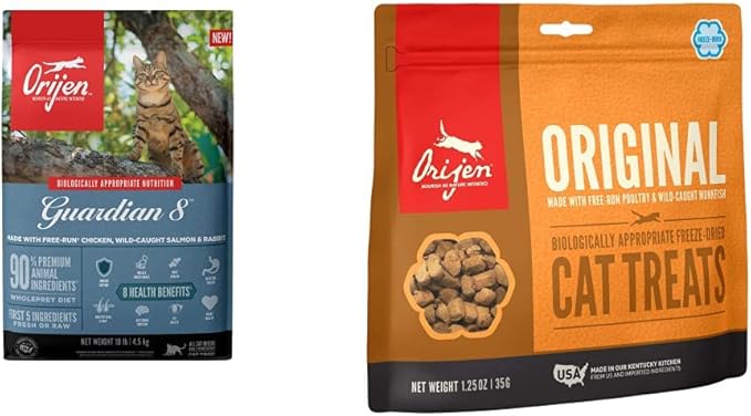ORIJEN® Dry Adult Cat Food, Grain Free, Premium, High Protein, Fresh & Raw Animal Ingredients, Guardian 8, 10lb Freeze Dried Cat Treats, Original, 1.25oz