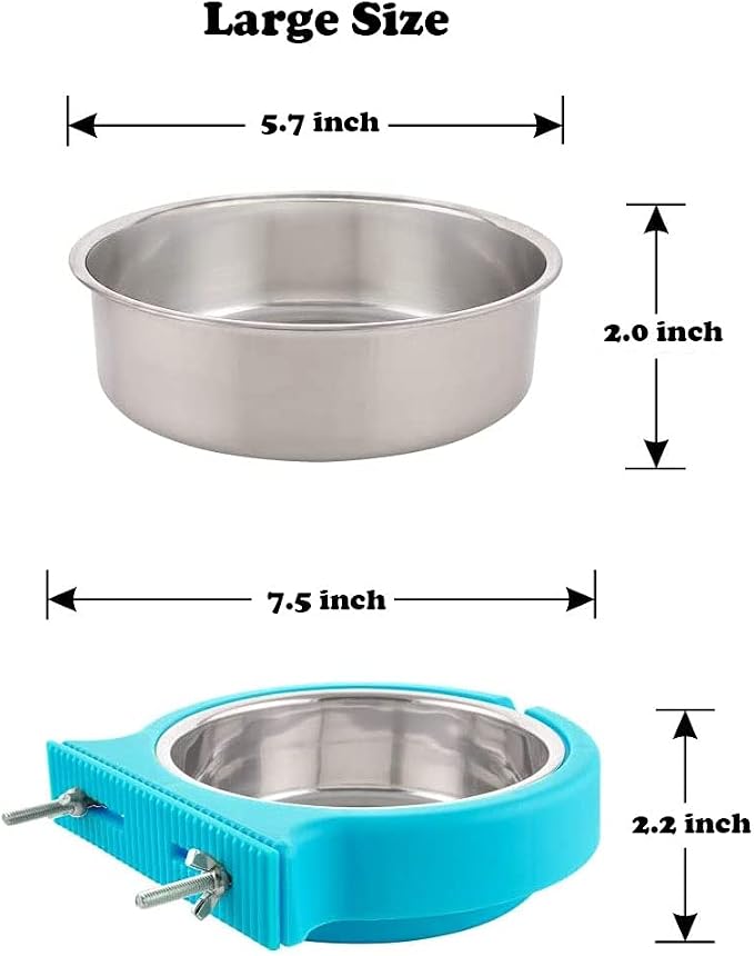 Crate Dog Cat Bowls, Removable Stainless Steel Hanging Pet Cage Bowls for Kennel, Crate Food Water Feeder Bowls with Bolt Holder for Cat, Puppy, Rabbite Birds and Other Small Animals (Large, Blue)