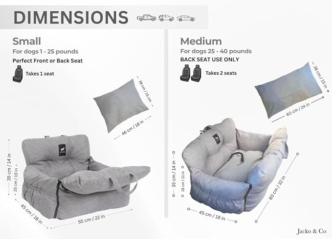 JACKO & CO Premium Dog Car Seat – Safe & Cozy Travel Bed Carrier for Small Dogs, Puppies, Pets, Clip-On Leash, Storage Pockets, Water-Resistant, Machine Wash (Grey, Standard Small (1-25lbs))