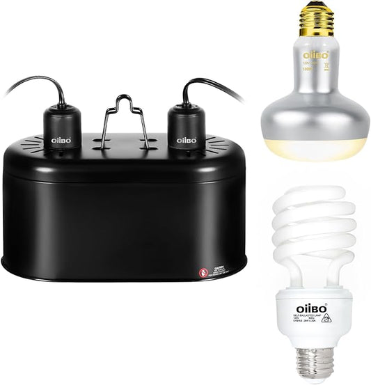 Reptile Heat Lamp Blub Combo Pack, Dual Reptile Lamp Fixture with Intense Basking Spot Light UVA Daylight Reptile Heat Lamp & 26W Energy Saving UVA 10.0 UVB Bulb Spiral Compact Bulb