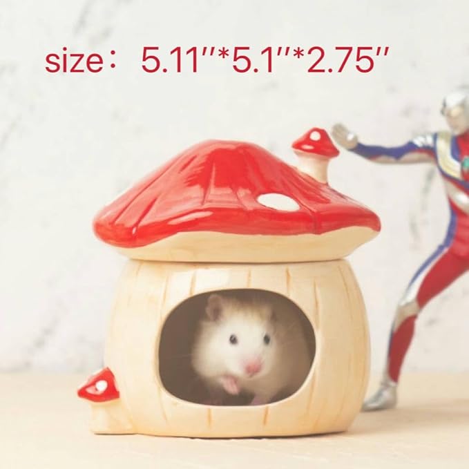 Ceramic Mushroom Hamster Hideout with Detachable Lid (Red) - Cute Hamster House, Habitat Decor for Dwarf Rabbits, Guinea Pigs, Chinchillas, and Small Pets