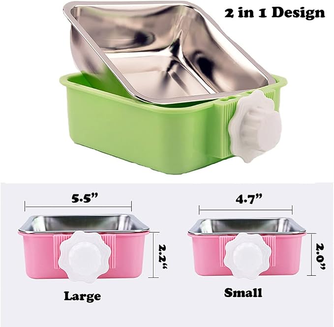 Love Dream Crate Dog Cat Bowl, Removable Stainless Steel Hanging Pet Cage, Food Water Feeder with Bolt for Puppy Birds 2 Pack with Silicone Sponge Dish Brush