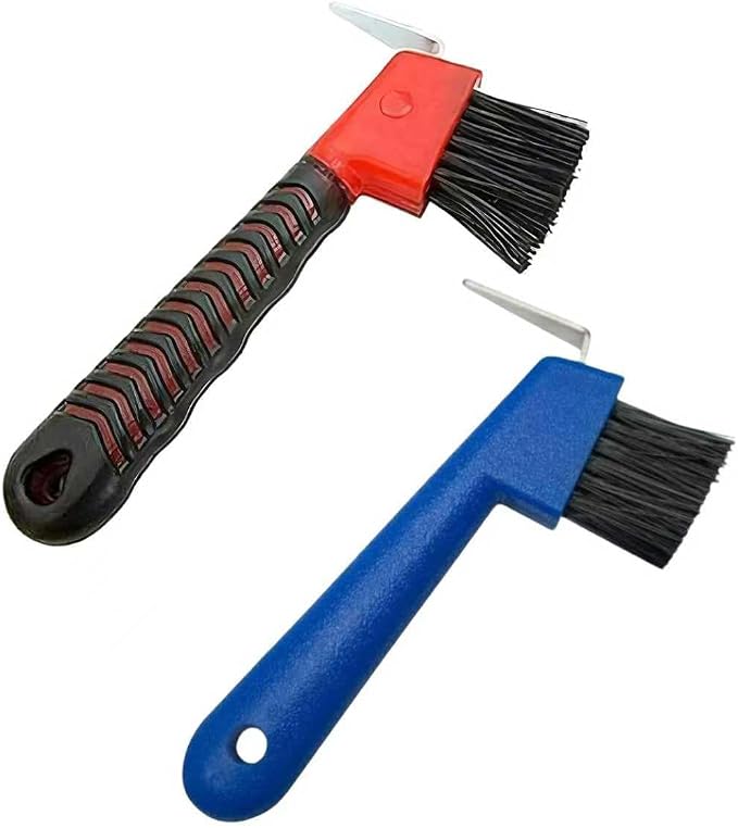 2 Pcs Horses Hoof Pick Brush with Soft Touch Rubber Handle, Portable Hoof Pick for Horses Goat Donkey Horse Hoofs Trimming and Horse Equestrian Enthusiasts (Random, 2-in-1)