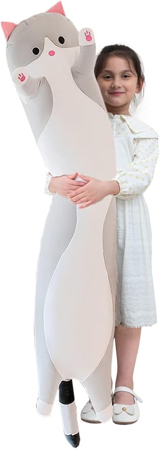 Giant Cat Pillow Plush Cartoon Kitty Sleeping Hugging Pillow,Cuddly Soft Long Kitten Body Pillow Doll Cat Cushion Toy for Kids Girlfriend (Gray, 70cm/27.55inch)
