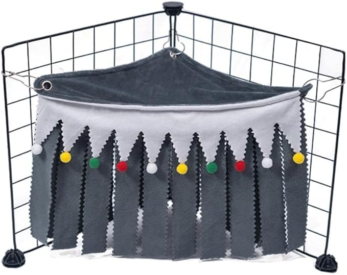 OMEM Guinea Pig Corner Hideout Fringed Triangle House with Hidden Hammock Tent for Hamster Rabbit Small Pet Habitat Décor (Grey)