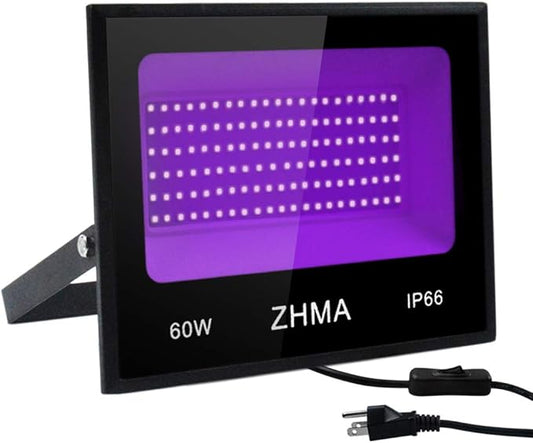 60W LED Black Flood Light with Plug, Black Light for Indoor/Outdoor Parties, Body Paints, Aquariums, Entertainment Venue