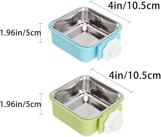 Crate Dog Bowl,Removable Stainless Steel Water Food Feeder Bowls Crate Coop Cup,Pet Cage Bowls with Bolt Holder for Cat, Puppy, Birds, Rats, Rabbits Small Animals ((Blue+Green) Square, Samll)