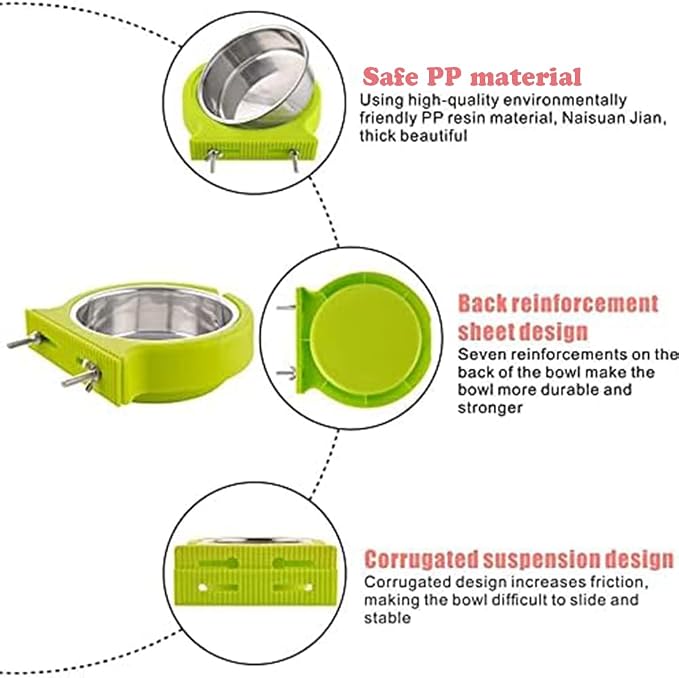 Crate Dog Cat Bowls, Removable Stainless Steel Hanging Pet Cage Bowls for Kennel, Crate Food Water Feeder Bowls with Bolt Holder for Cat, Puppy, Rabbite Birds and Other Small Animals (Large, Green)