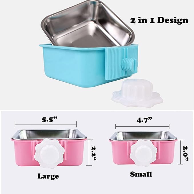 Love Dream Crate Dog Cat Bowls, Removable Stainless Steel Hanging Pet Cage, Food Water Feeder with Bolt for Puppy Birds 2 Pack with Silicone Sponge Dish Brush
